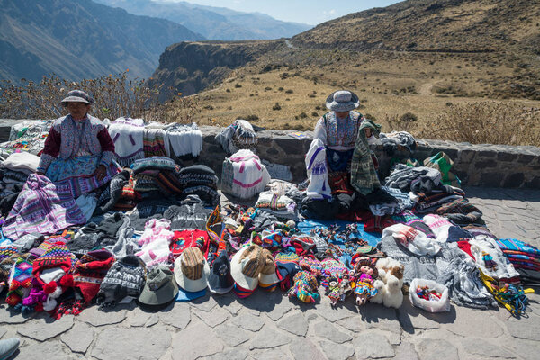 Colca Canyon, Peru, circa september 2017: Sellers selling souvenirs in Colca Canyon (Canon del Colca), Peru