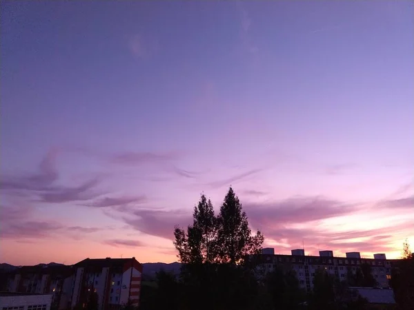 Vue Ville Soir Avec Ciel Coucher Soleil — Photo