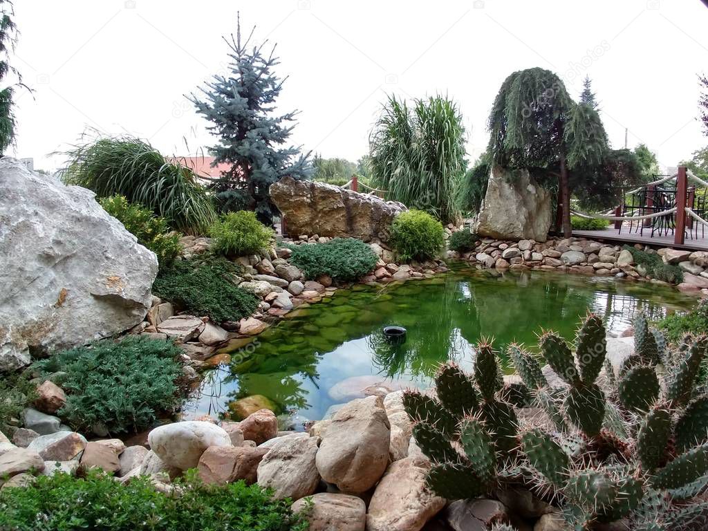 Decorative  pond in  garden  on background