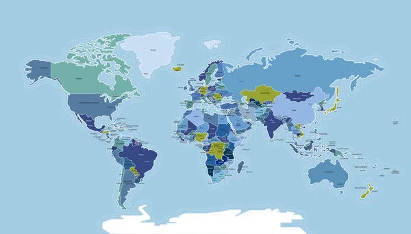 Weltkarte Mit Ländern Vektorkartenillustration Mit Ländernamen Und Hauptstädten — Stockvektor