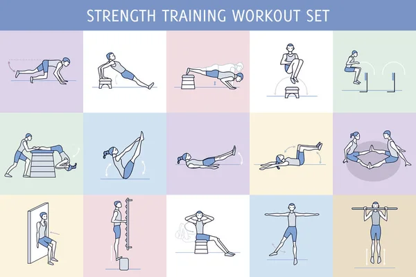 A collection of Workout Exercise Routine performed by a man and a woman in the gym, with equipment such as wall bars and vaulting horse. Simple characters like pictograms — Stock Illustration Collection Workout Exercise Routine Performed Man Woman Gym Equipment Wall Royalty Free Stock Vectors