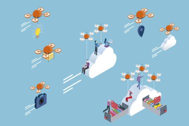 Bulutlar ve paketleri taşıyan uçağı. Bulutlarda, bazı işçiler vardır.