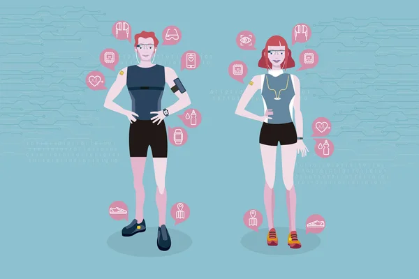 运动男子和运动妇女佩戴可穿戴智能设备技术 可穿戴技术的线图标 物联网 — 图库矢量图片