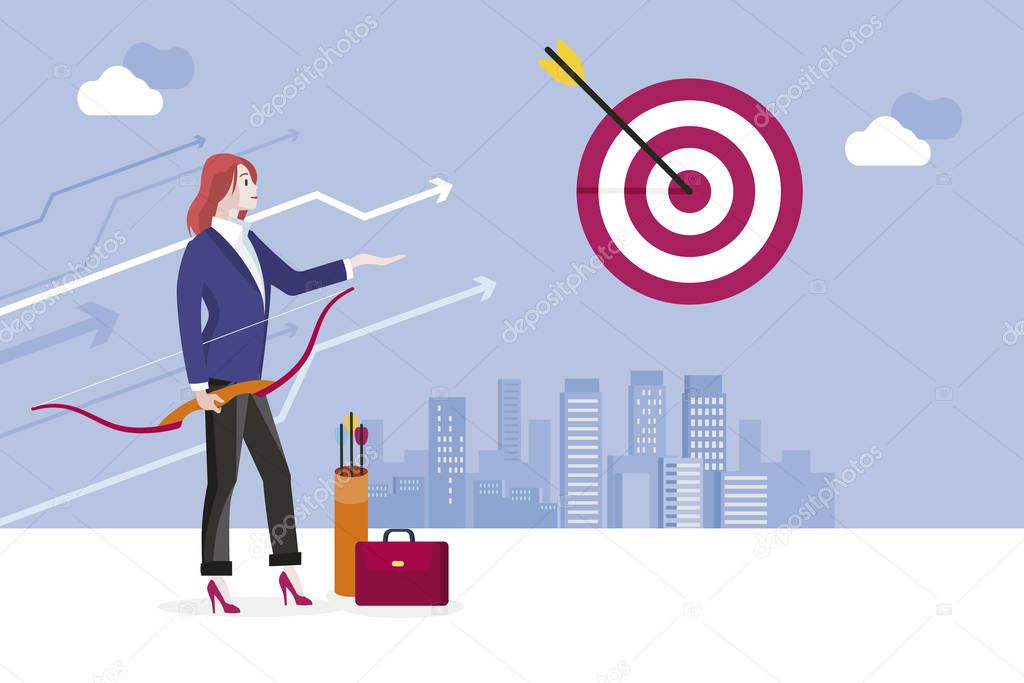 Archery and business woman. Business woman hitting her target. Concept business success vector illustration.