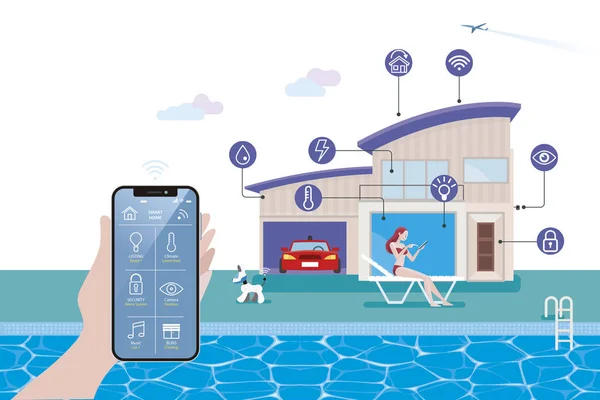 Smart Home Isometrische Vector Illustratie Concept Hand Met Een Smartphone — Stockvector