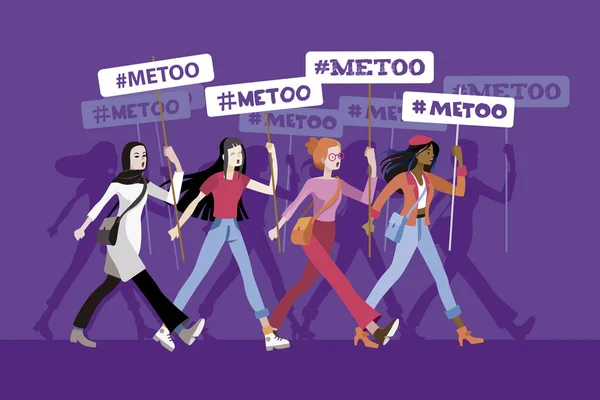 Group Women Different Ethnic Groups March Protesting Displaying Metoo Banners — Stock Vector