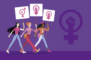 Mart kadınlar farklı etnik gruplardan protesto ve afişlerin feminist mücadele simgesiyle görüntüleme