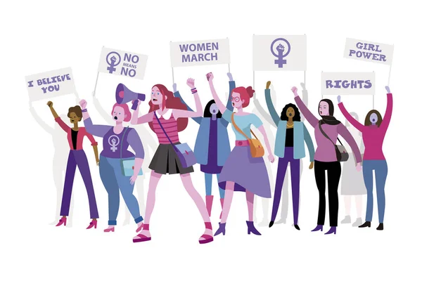 Group Women Protesting Vindicating Rights Holding Banners Placards Female March — Stock Vector