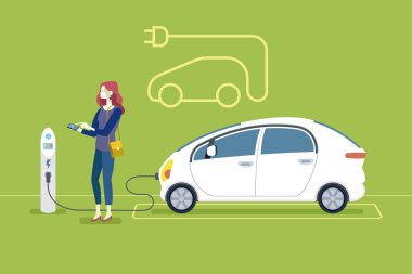 Kadın bir elektrikli araç şarj istasyonu şarj. Düz vektör çizim.