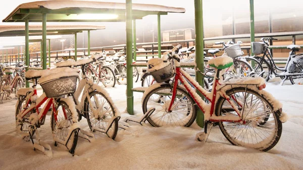 Red Bike Bicycle Park Snow Storm — Stock Photo, Image