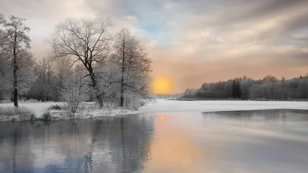ライム霜に覆われた木々と 一部が氷で覆われた川の夕日の水の反射と美しい冬の風景 — ストック写真