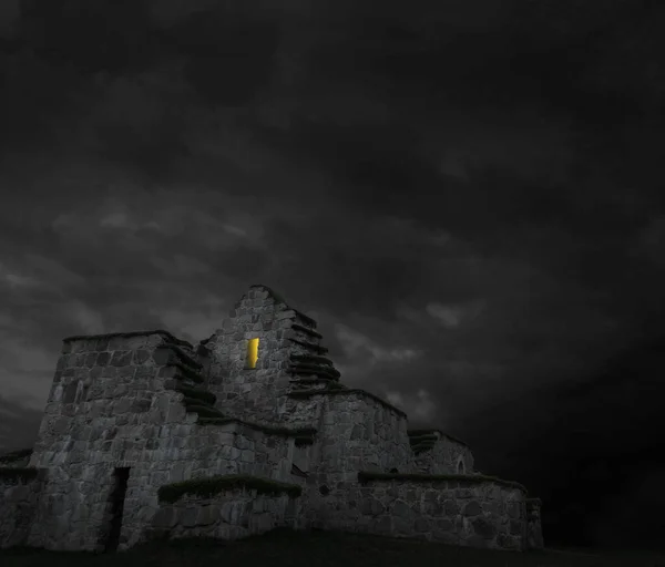 Ancient Church Ruin Dark Night Sky Yellow Light Coming Window — Stock Photo, Image