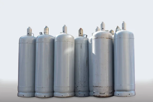 Ένα Μάτσο Μεταλλικοί Κύλινδροι Αερίου Που Απομονώνονται Λευκό — Φωτογραφία Αρχείου