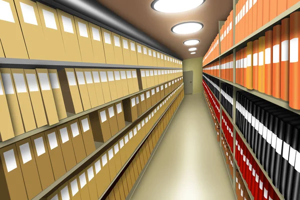 Document Archive Many Files Binders Shelves Basement Room Electric Lights — Stock Photo, Image