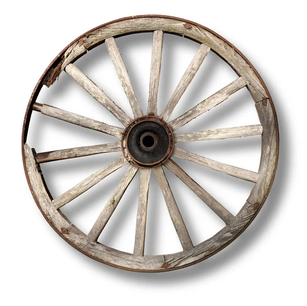 Worn Wooden Vintage Wagon Wheel Casting Shadow White Background Stock Image