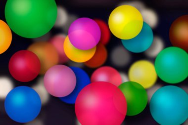 Yarı şeffaf küreler ve çeşitli renklerde balonlar ile soyut tasarım, 3D desen oluşturur