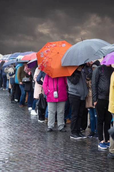 People Waiting Line Umbrellas Wet Rainy Day — Stock Photo, Image