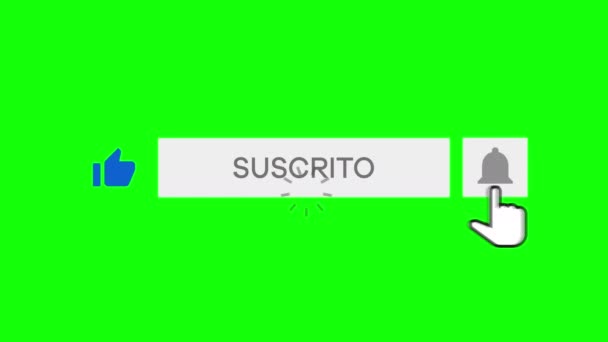 鼠标点击一个喜欢的按钮 订阅按钮和贝尔通知与色度键绿色背景 西班牙语 — 图库视频影像
