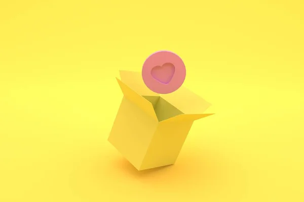 Kalpli Hediye Kutusunu aç. Aşk Konsepti. 3d Rendering