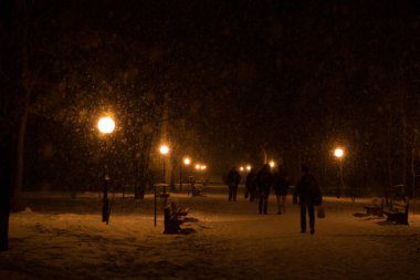 Winter park lambaları ve yürüyen insanlar bir sıra ile kar ile kaplı akşam