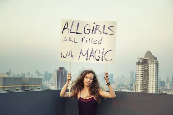 Girl Stands Roof Poster All Girls Filled Magic International Womens — Stock Photo, Image