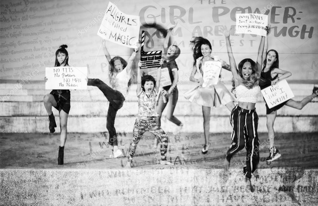 black and white shot of women with slogans for womans day