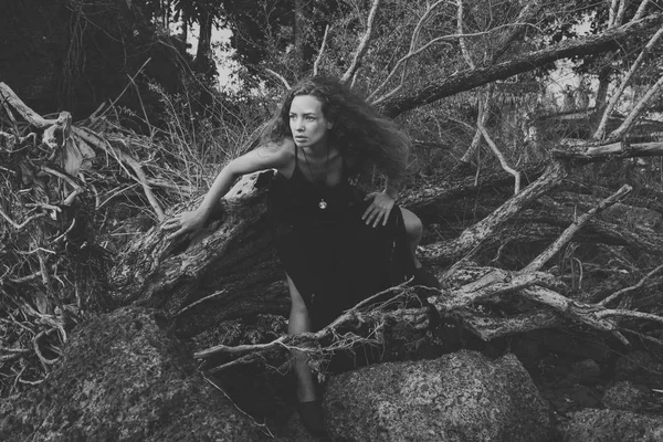 vahşi doğa, siyah ve beyaz uzun kıvırcık saçlı açık havada kadın yaratıcı fotoğraf çekimi