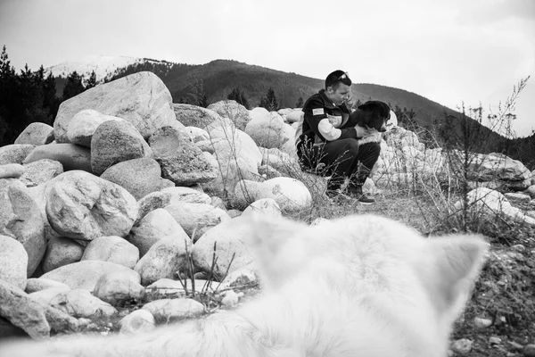 Uomo Con Cani Bianchi Montagna — Foto Stock