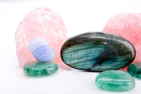 Quarzo Rosa Flourite Agata Pizzo Blu Pietre Curative Cristallo Labradorite — Foto Stock