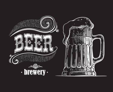 bira bardağı bira ile dolu. Vintage vektör oyma kroki çizim web, poster, partiye davet için. Elle çizilmiş tasarım öğesi