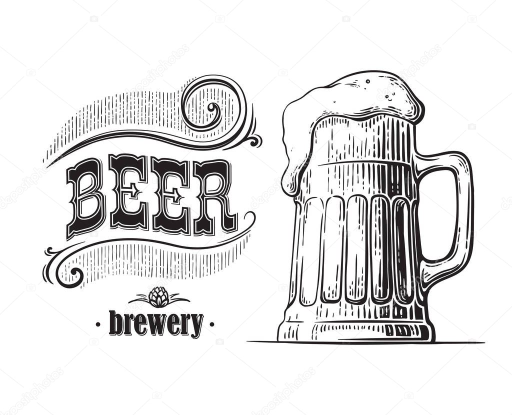 beer mug filled with beer. Vintage vector engraving sketch illustration for web, poster, invitation to party. Hand drawn design element