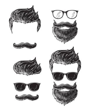 Sakallı erkekler yüz, hipsters farklı saç kesimi bıyık sakallı ayarlayın. Siluetleri Amblemler simgelerin etiketleri.