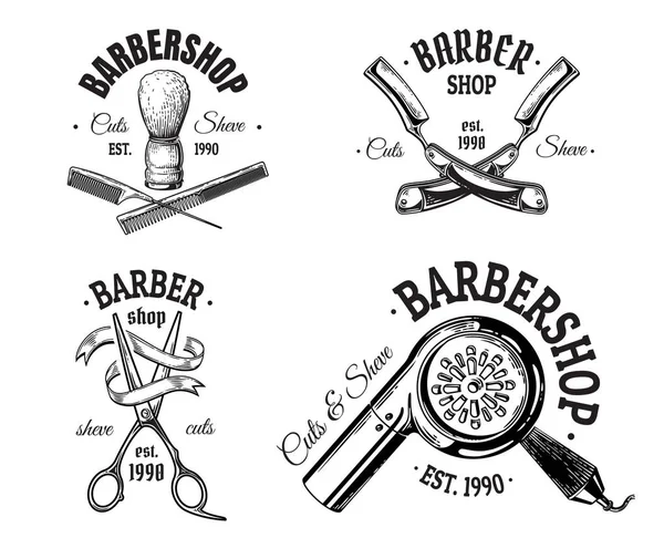 Vintage berber Amblemler etiket kümesi logolar makas bıçak fırça rozetleri. Beyaz arka plan üzerinde izole.