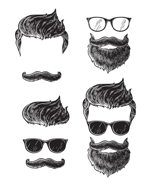 Zestaw brodatych mężczyzn twarze, biodrówki, z brodami wąsy różne fryzury. Sylwetki herby ikony etykiety. — Wektor stockowy