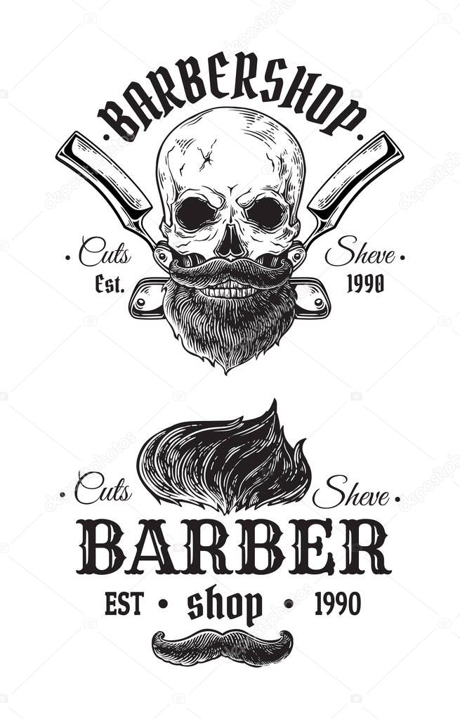 Set of vintage barbershop emblems labels badges logos skull hair. Isolated on white background. Vector illustration