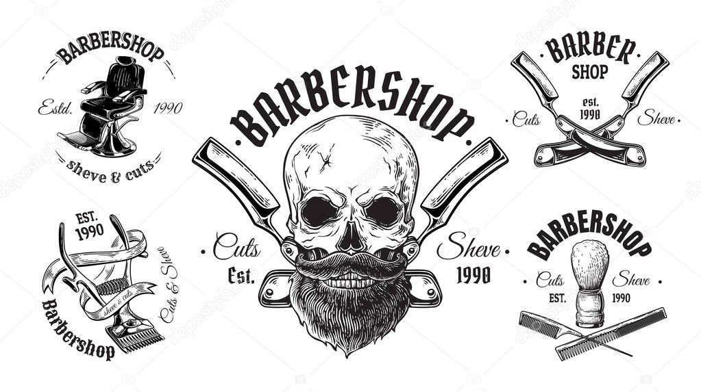 Set of vintage barbershop emblems labels badges logos skull hair. Isolated on white background. Vector illustration