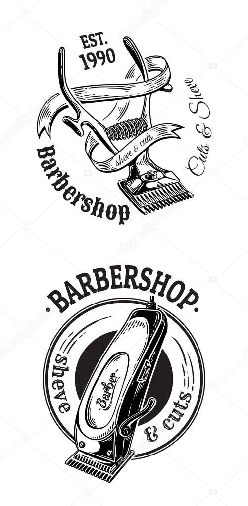 Set of vintage barbershop emblems labels badges logos clipper. Isolated on white background.