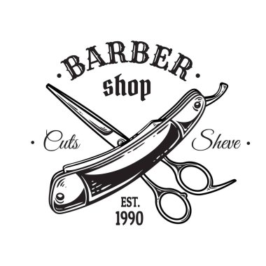 Vintage berber Amblemler etiket kümesi logolar makas bıçak rozetleri. Beyaz arka plan üzerinde izole.