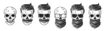 Set of bearded men faces, hipsters with different haircuts mustaches beards skull. Silhouettes emblems icons labels. clipart