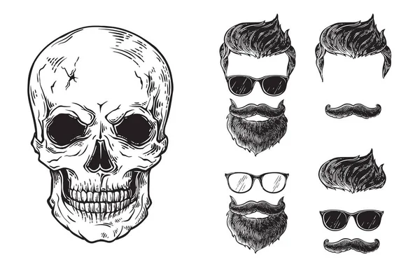 Conjunto de rostos de homens barbudos, hipsters com diferentes cortes de cabelo bigodes crânio barba. Sílhuetas emblemas ícones rótulos . —  Vetores de Stock