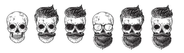 Conjunto de rostros de hombres barbudos, hipsters con diferentes cortes de pelo bigotes barba cráneo. Siluetas emblemas iconos etiquetas . — Archivo Imágenes Vectoriales