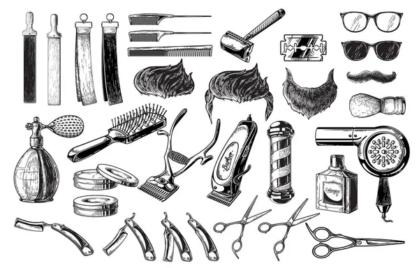 Vintage berber Amblemler etiket kümesi logolar makas bıçak fırça kutup rozetleri. Beyaz arka plan üzerinde izole.