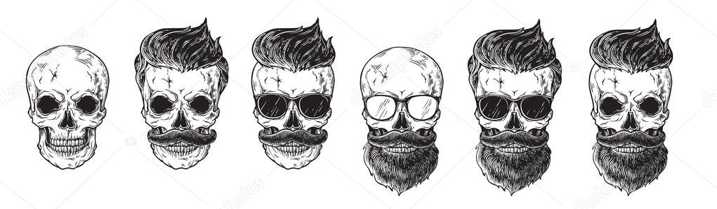 Set of bearded men faces, hipsters with different haircuts mustaches beards skull. Silhouettes emblems icons labels.
