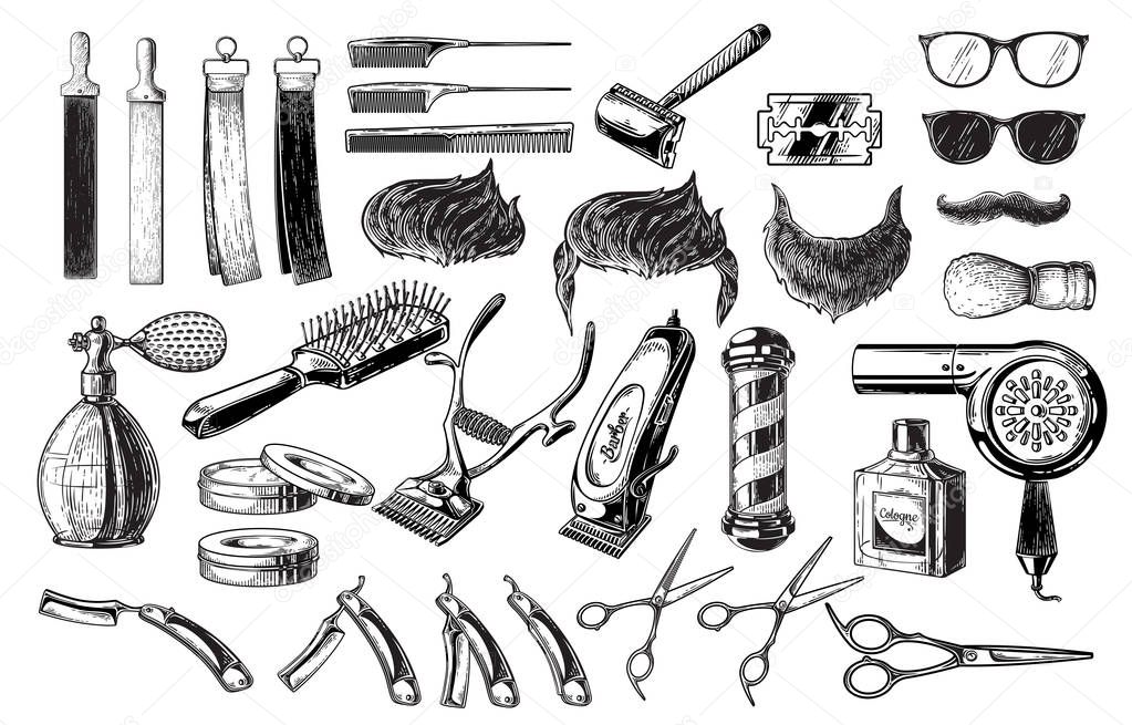 Set of vintage barbershop emblems labels badges logos scissors blade brush pole. Isolated on white background. Vector illustration