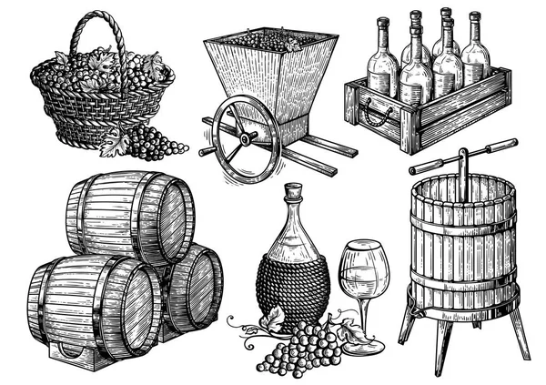 koleksiyon vektör kroki resmi şarap ayarla.