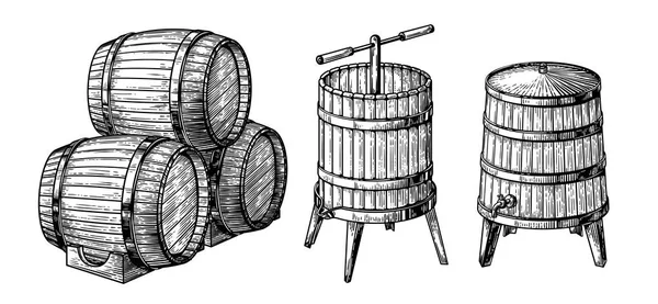 Barriles de madera y prensa — Archivo Imágenes Vectoriales