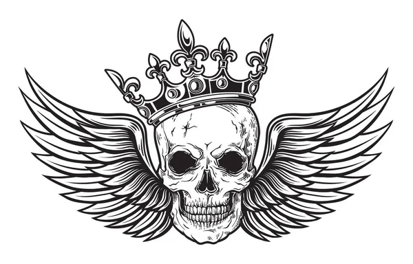 Totenkopf mit Flügeln und Krone für Tätowierung. — Stockvektor