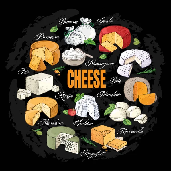 Collection d'assortiment de fromage coupé en tranches croquis dessiné à la main — Image vectorielle