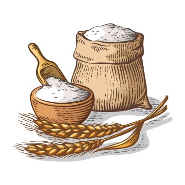 Derma beyaz arka plan üzerinde taze un ahşap tabak kepçe ile çuval bezi çanta