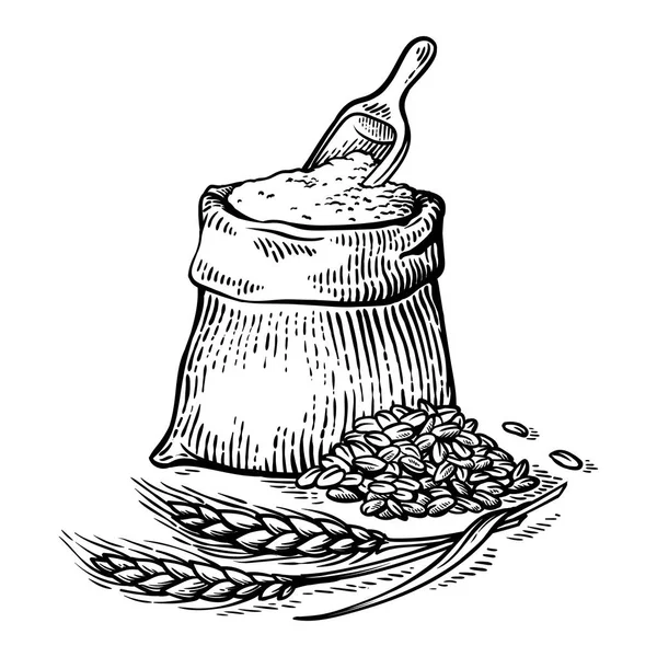 在白色背景与新鲜面粉和木勺的麻袋 — 图库矢量图片